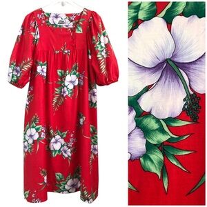 Hilo Hattie | Hawaiian Floral Puff Short Sleeve Red Muu Muu Dress